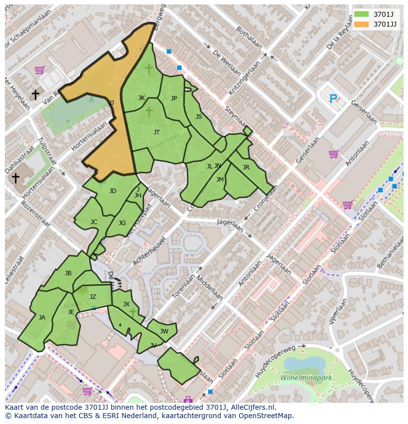Afbeelding van het postcodegebied 3701 JJ op de kaart.