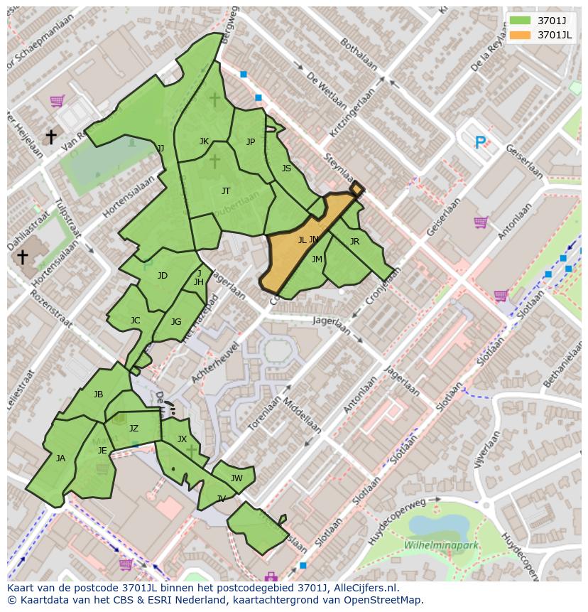 Afbeelding van het postcodegebied 3701 JL op de kaart.