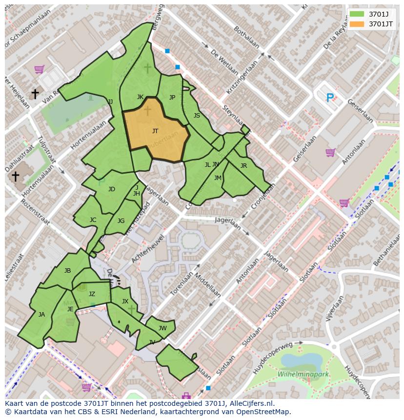 Afbeelding van het postcodegebied 3701 JT op de kaart.