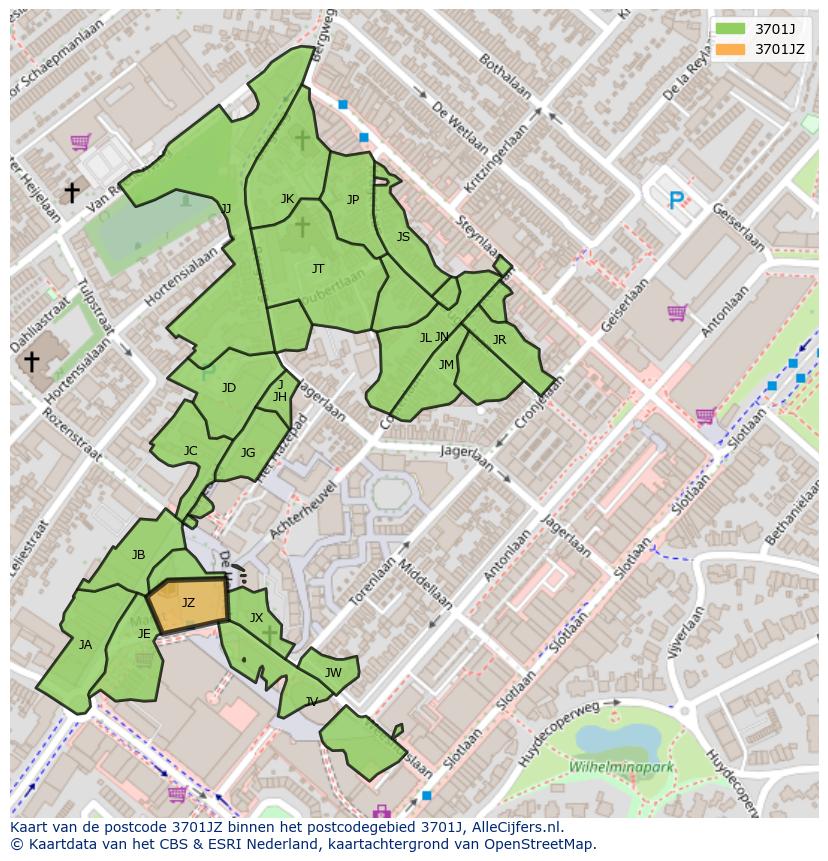 Afbeelding van het postcodegebied 3701 JZ op de kaart.
