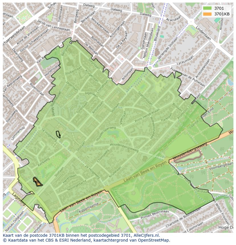 Afbeelding van het postcodegebied 3701 KB op de kaart.