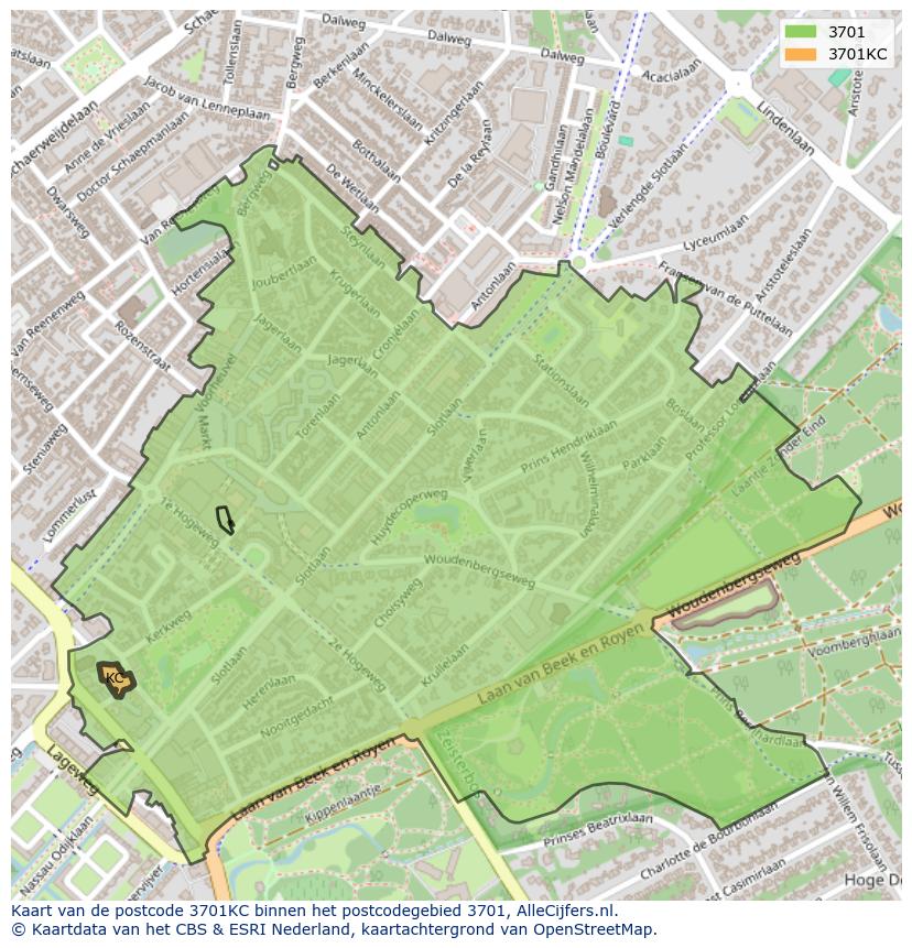 Afbeelding van het postcodegebied 3701 KC op de kaart.