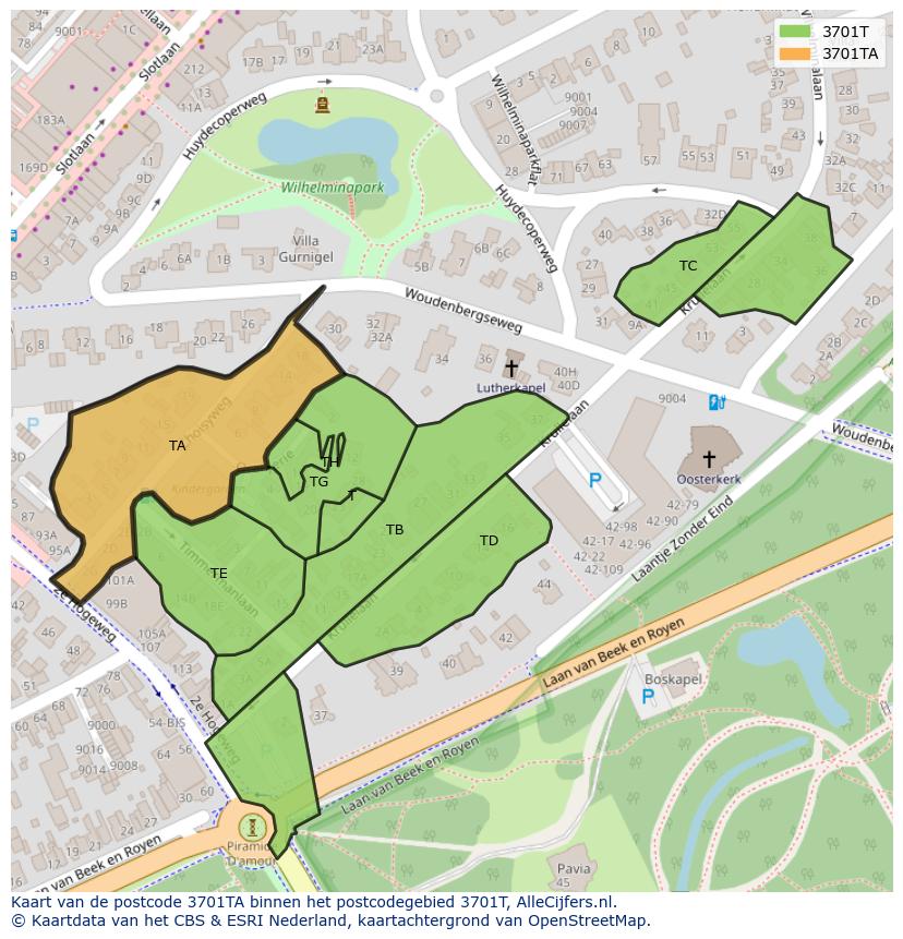 Afbeelding van het postcodegebied 3701 TA op de kaart.