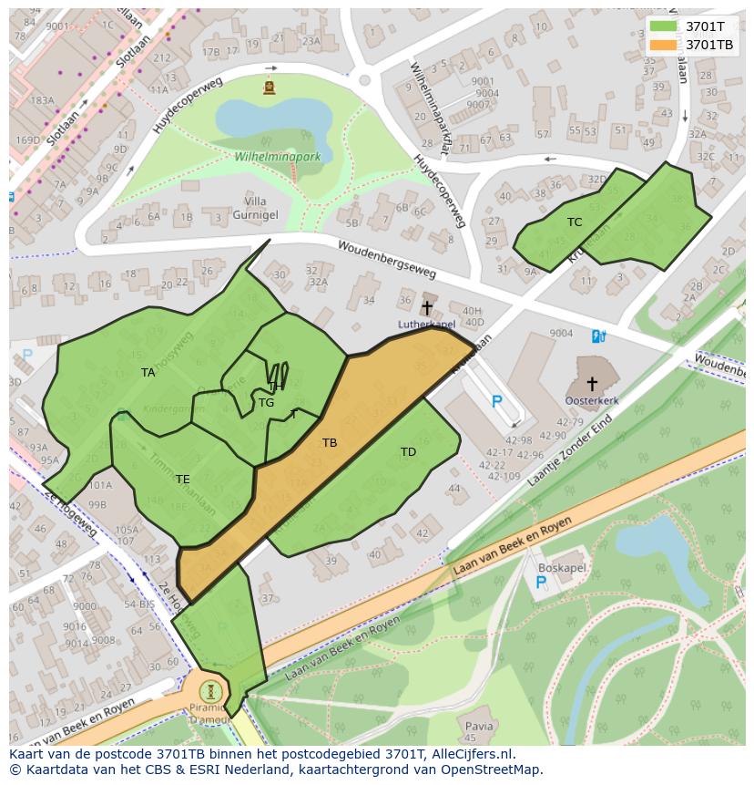 Afbeelding van het postcodegebied 3701 TB op de kaart.
