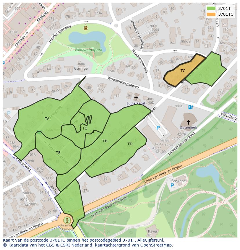 Afbeelding van het postcodegebied 3701 TC op de kaart.