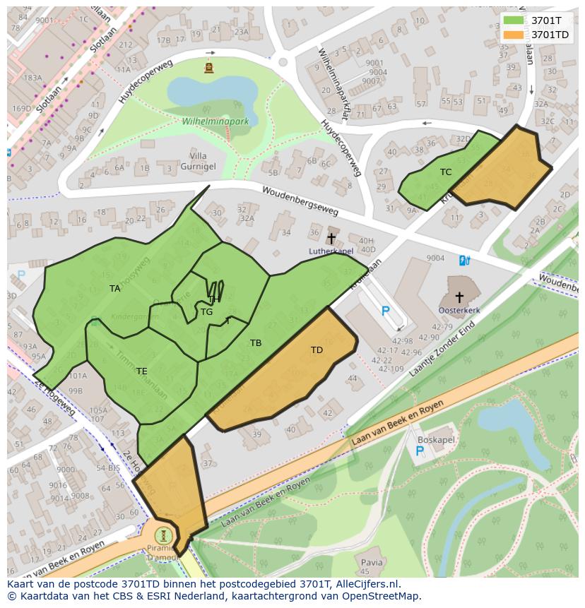 Afbeelding van het postcodegebied 3701 TD op de kaart.