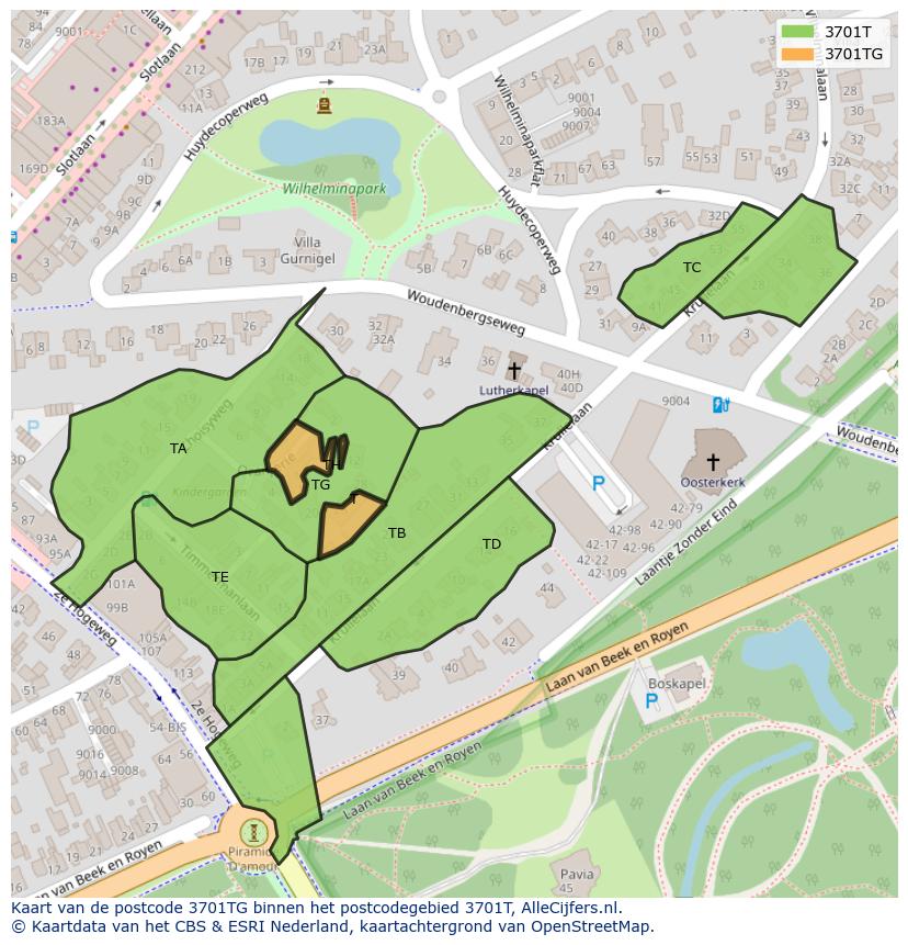 Afbeelding van het postcodegebied 3701 TG op de kaart.