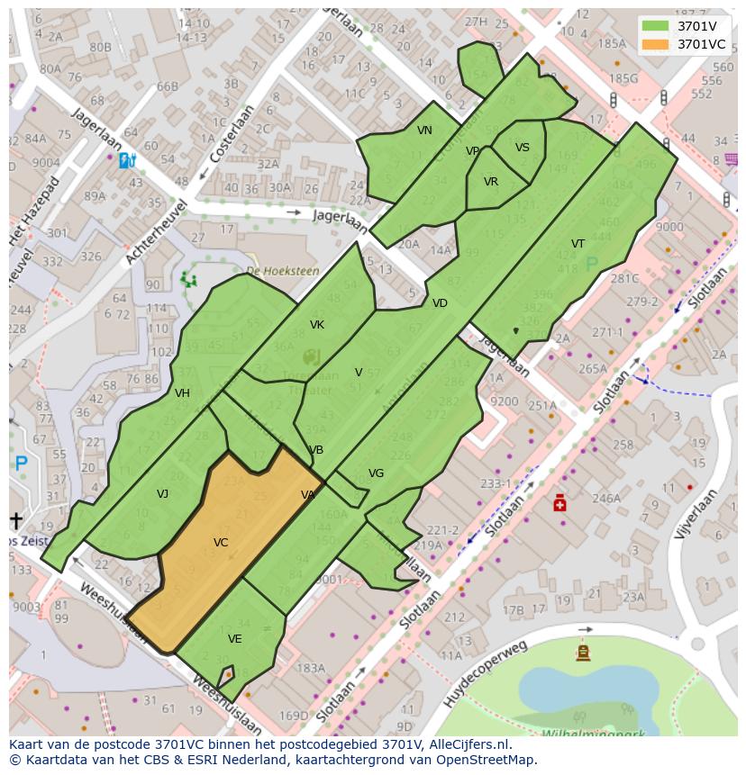 Afbeelding van het postcodegebied 3701 VC op de kaart.