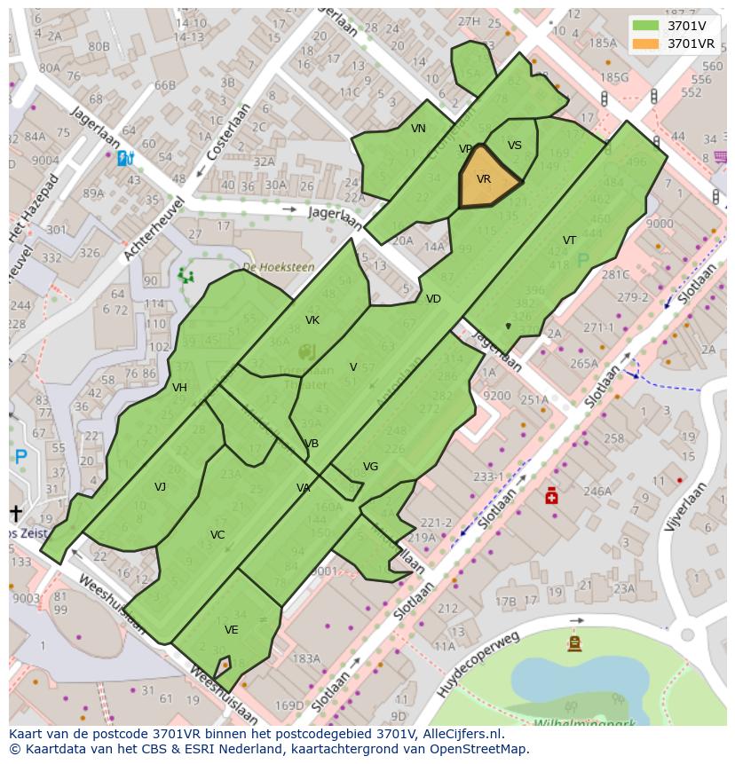 Afbeelding van het postcodegebied 3701 VR op de kaart.