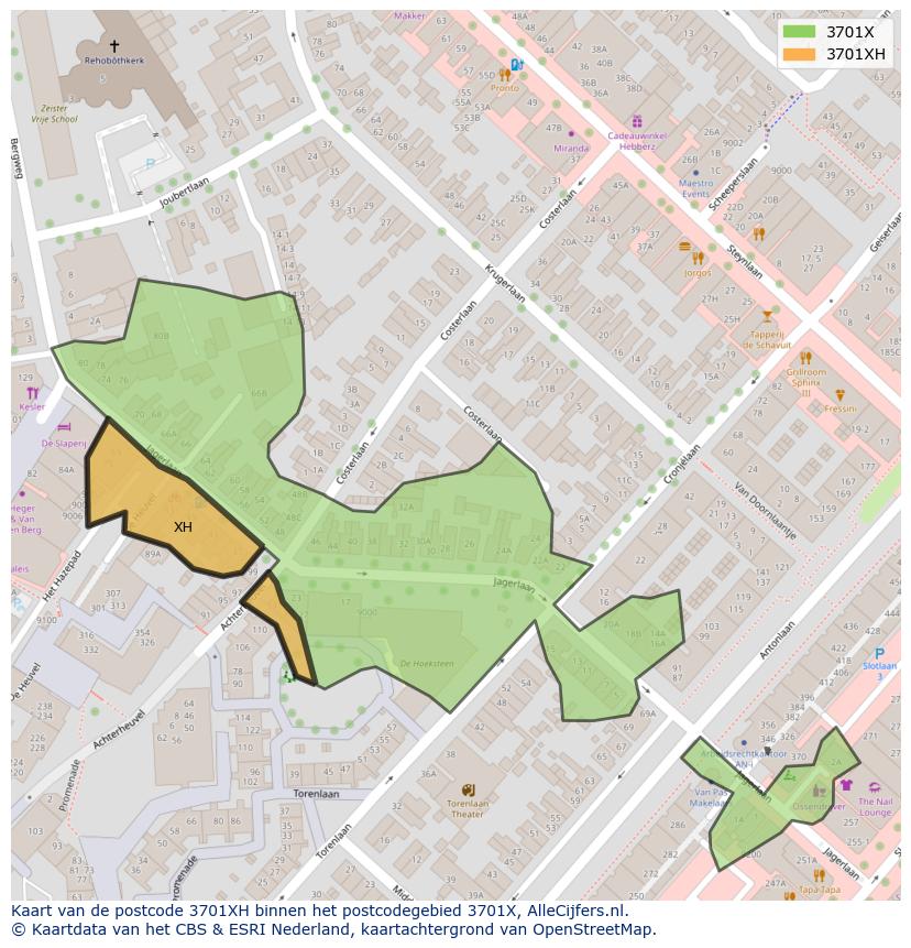 Afbeelding van het postcodegebied 3701 XH op de kaart.