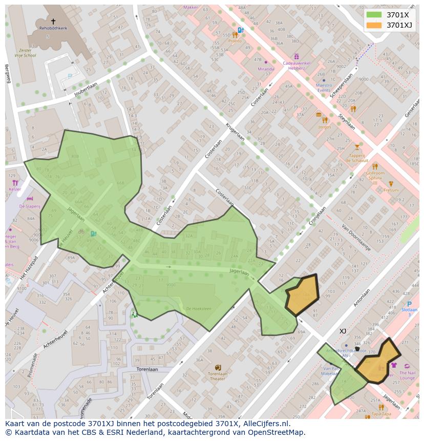 Afbeelding van het postcodegebied 3701 XJ op de kaart.