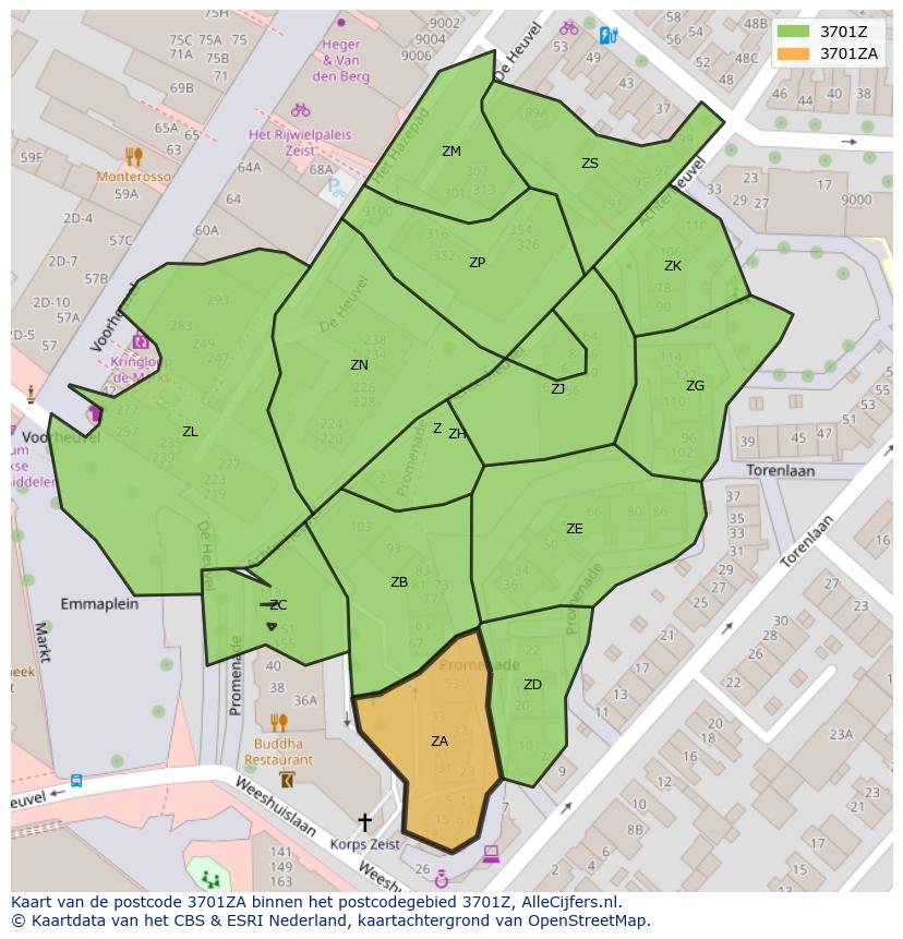 Afbeelding van het postcodegebied 3701 ZA op de kaart.