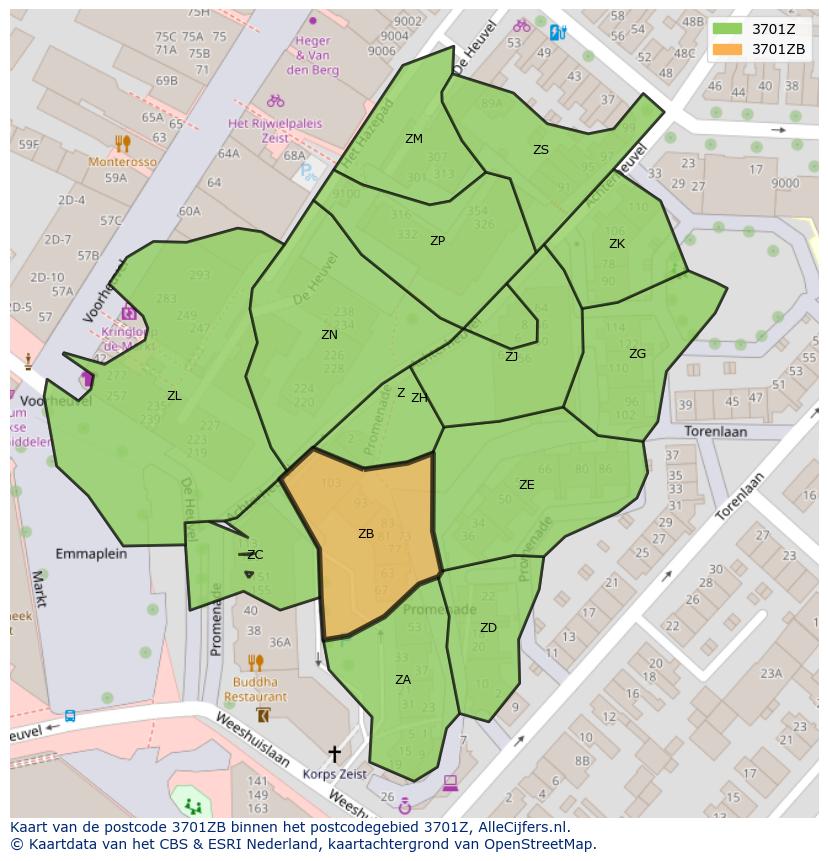 Afbeelding van het postcodegebied 3701 ZB op de kaart.