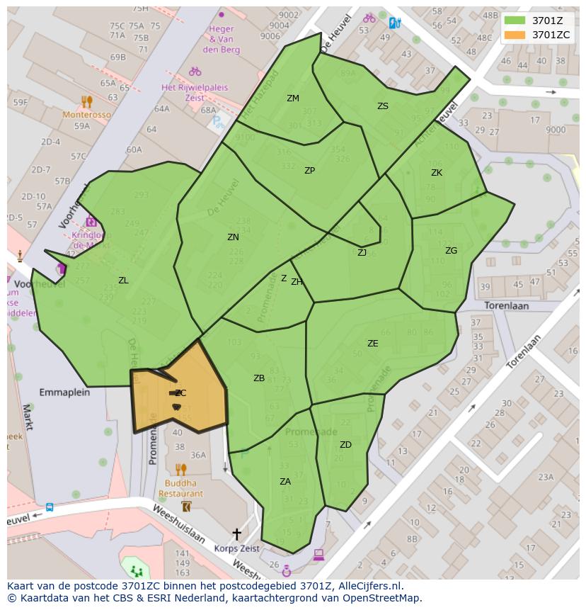 Afbeelding van het postcodegebied 3701 ZC op de kaart.