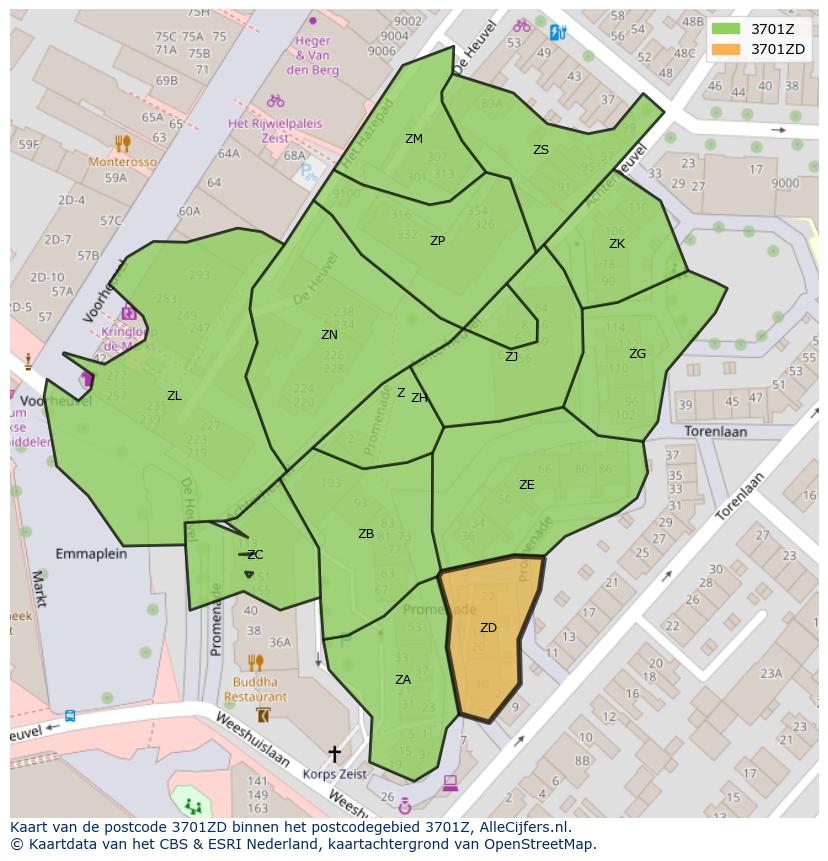 Afbeelding van het postcodegebied 3701 ZD op de kaart.
