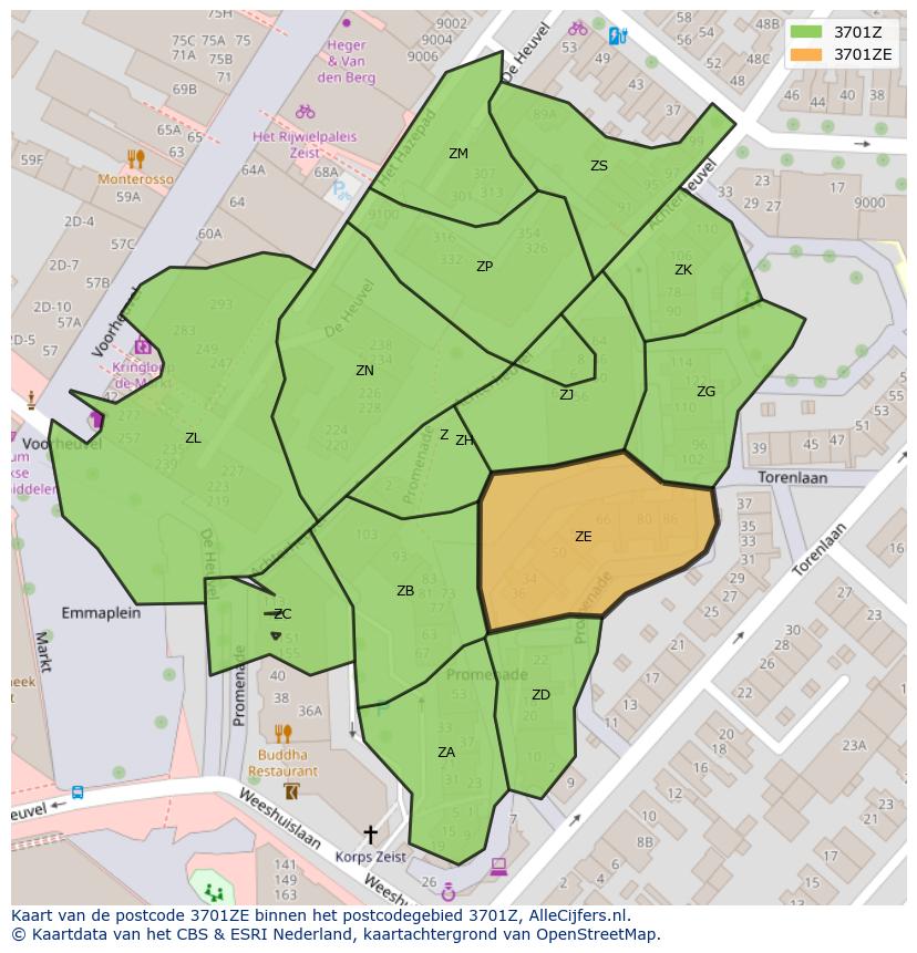 Afbeelding van het postcodegebied 3701 ZE op de kaart.