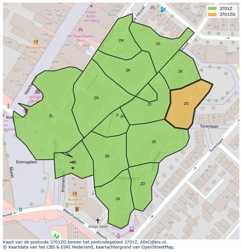 Afbeelding van het postcodegebied 3701 ZG op de kaart.