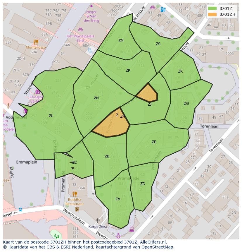 Afbeelding van het postcodegebied 3701 ZH op de kaart.