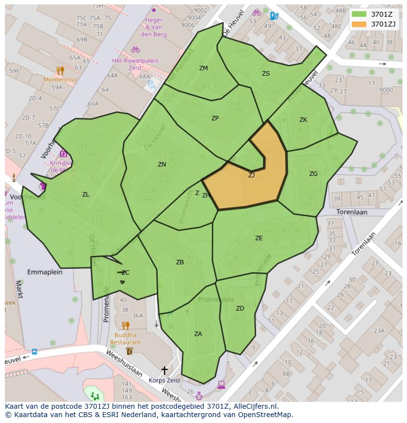 Afbeelding van het postcodegebied 3701 ZJ op de kaart.