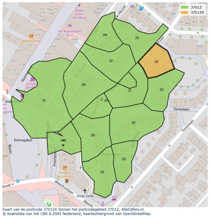 Afbeelding van het postcodegebied 3701 ZK op de kaart.