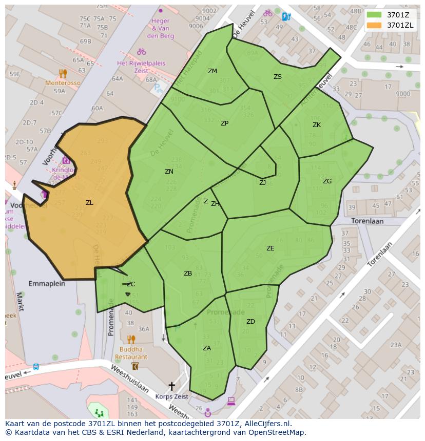 Afbeelding van het postcodegebied 3701 ZL op de kaart.