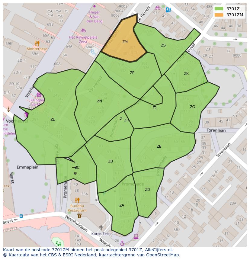 Afbeelding van het postcodegebied 3701 ZM op de kaart.