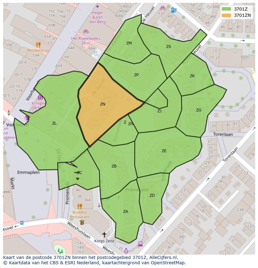 Afbeelding van het postcodegebied 3701 ZN op de kaart.