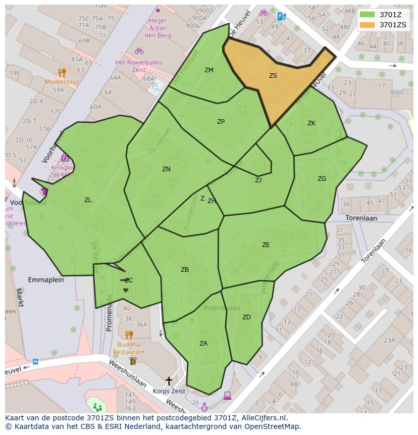 Afbeelding van het postcodegebied 3701 ZS op de kaart.