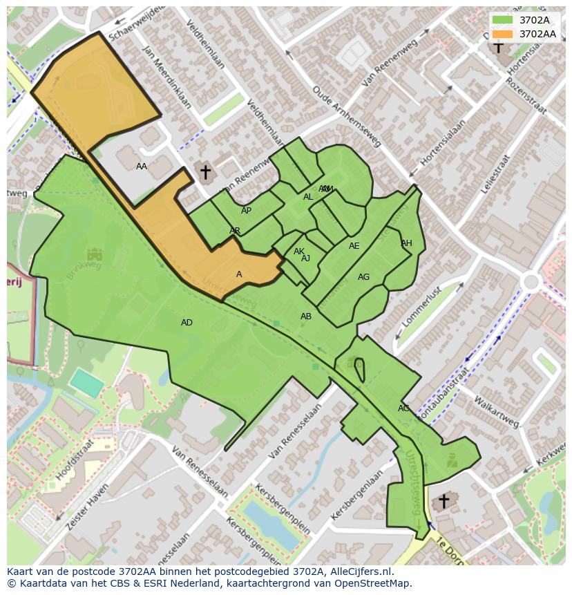 Afbeelding van het postcodegebied 3702 AA op de kaart.
