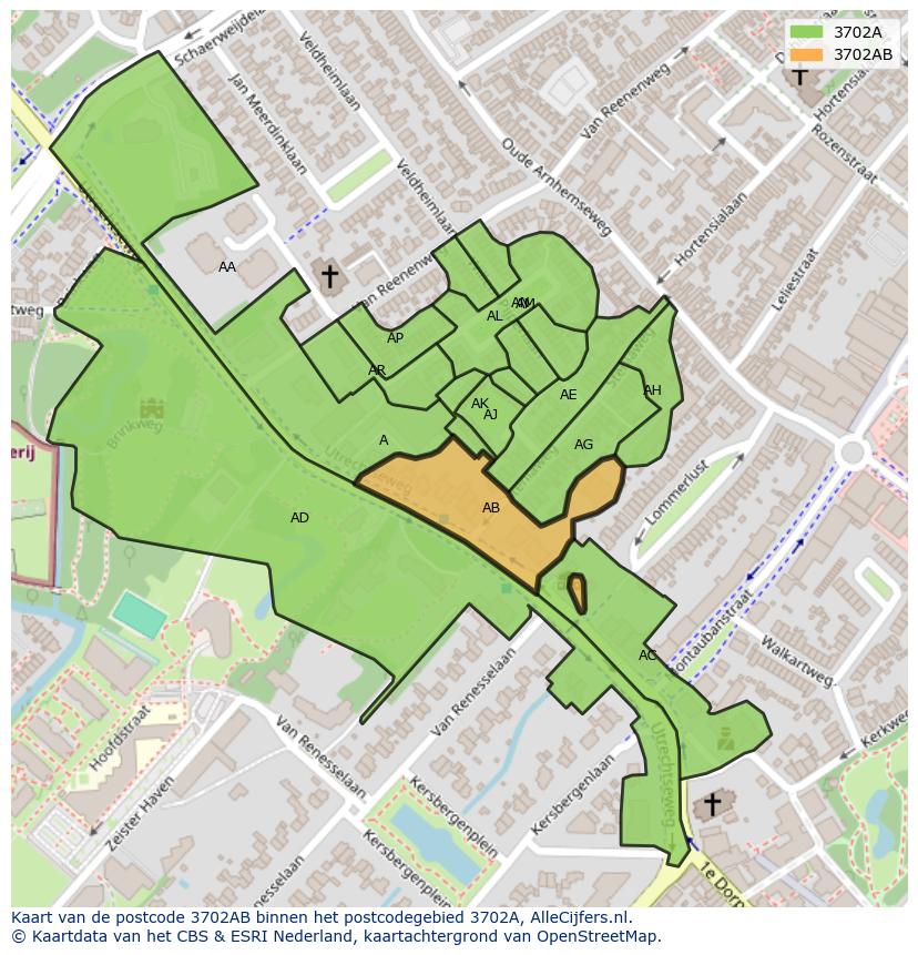 Afbeelding van het postcodegebied 3702 AB op de kaart.