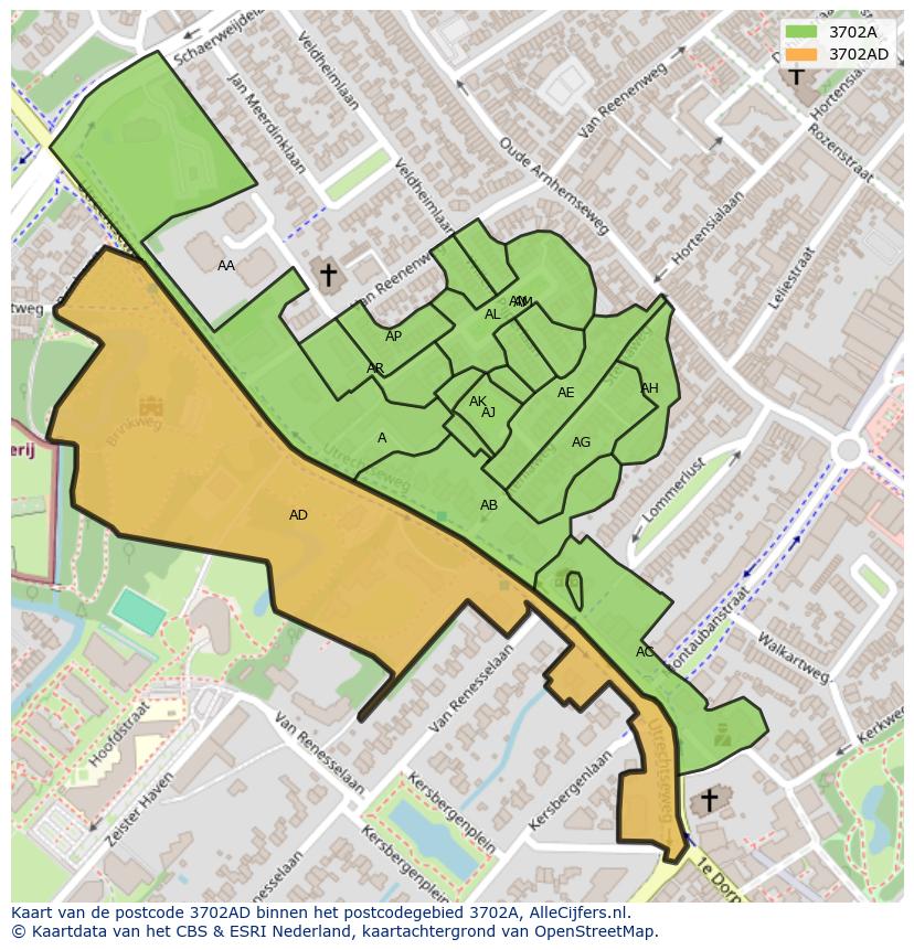 Afbeelding van het postcodegebied 3702 AD op de kaart.