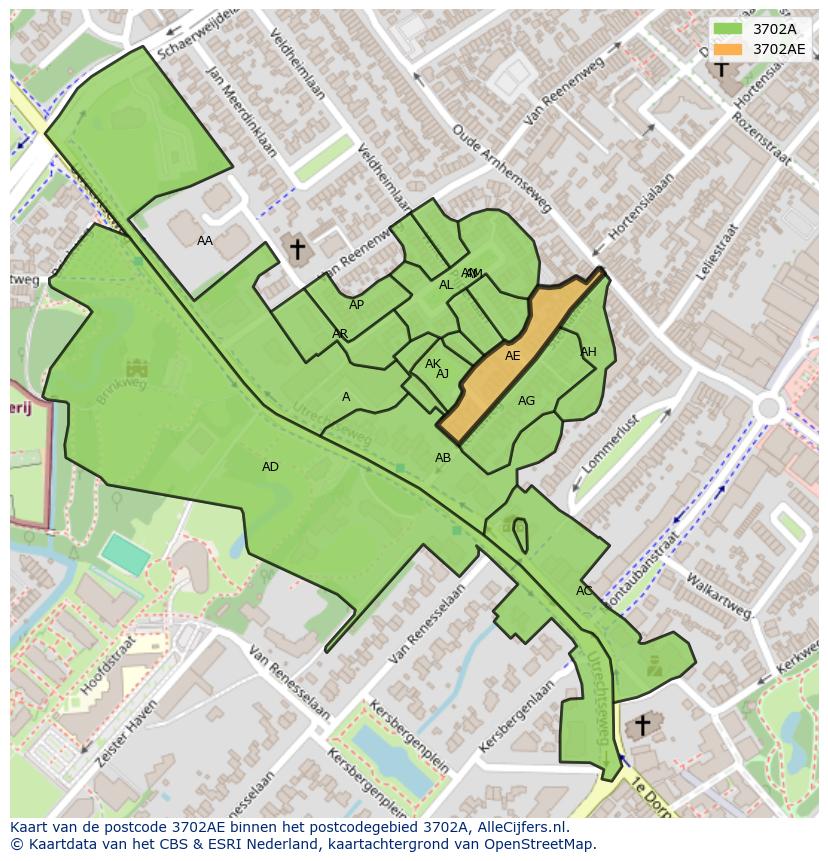 Afbeelding van het postcodegebied 3702 AE op de kaart.