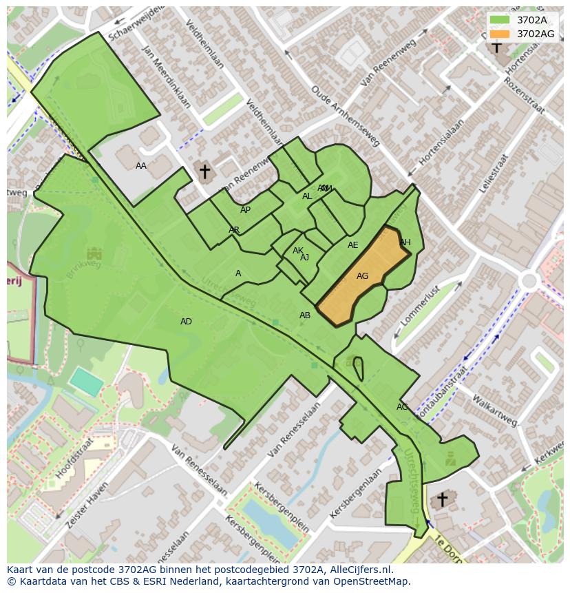 Afbeelding van het postcodegebied 3702 AG op de kaart.