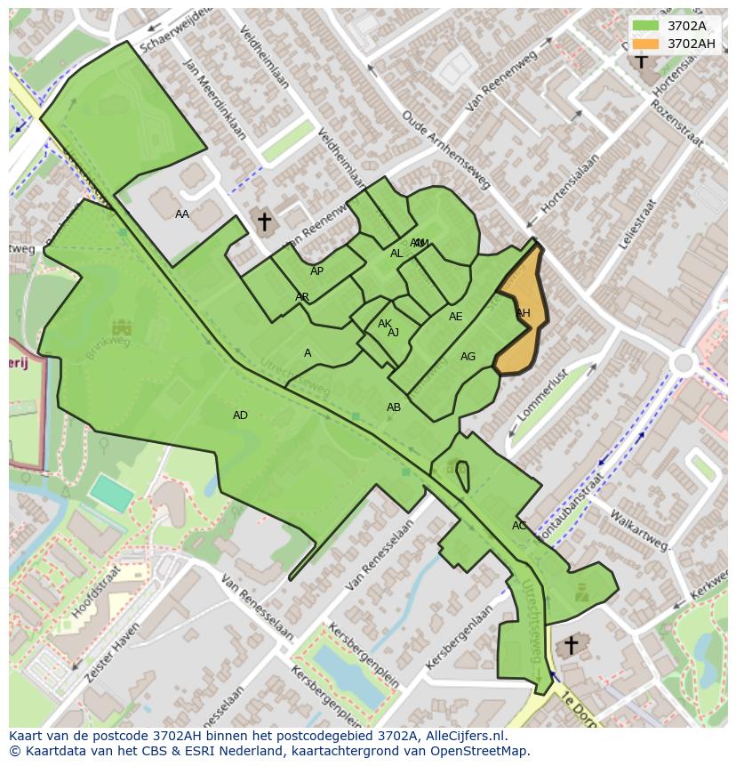 Afbeelding van het postcodegebied 3702 AH op de kaart.
