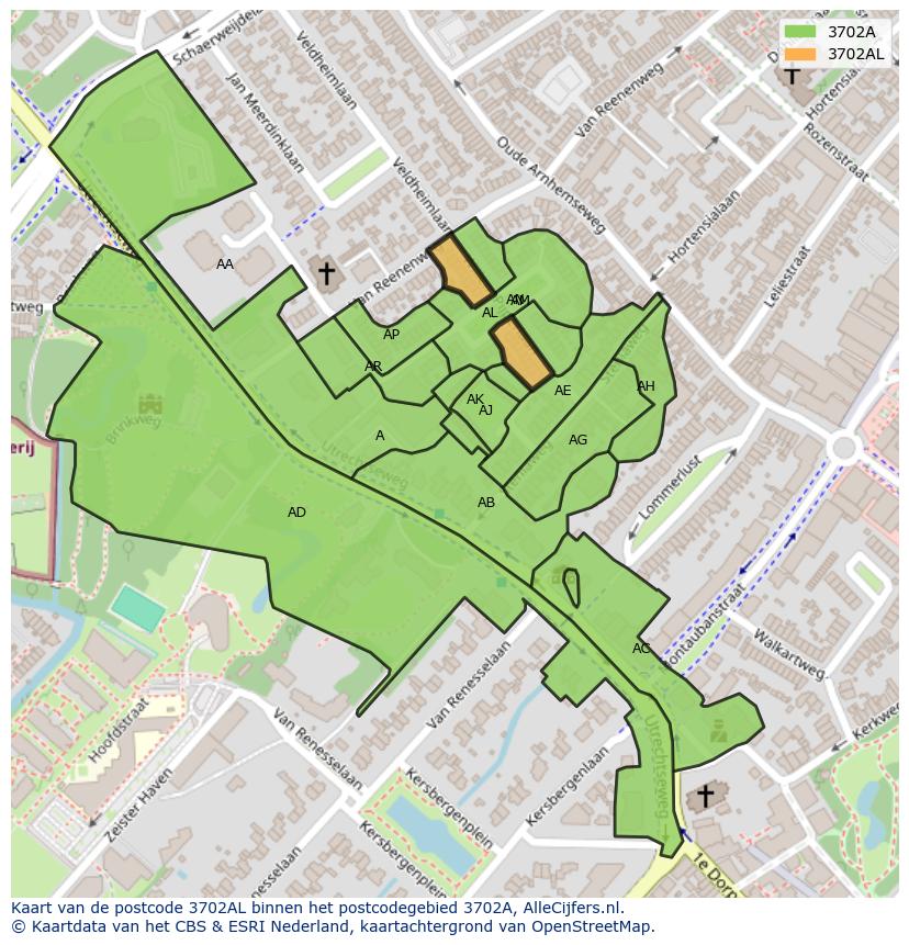 Afbeelding van het postcodegebied 3702 AL op de kaart.