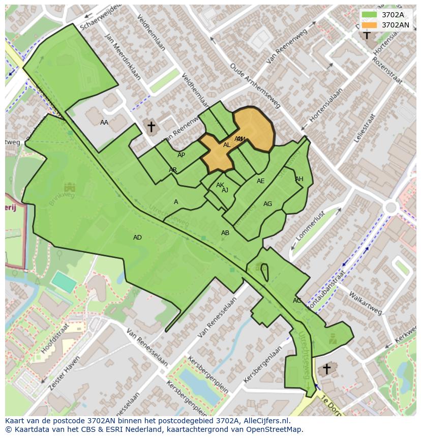 Afbeelding van het postcodegebied 3702 AN op de kaart.