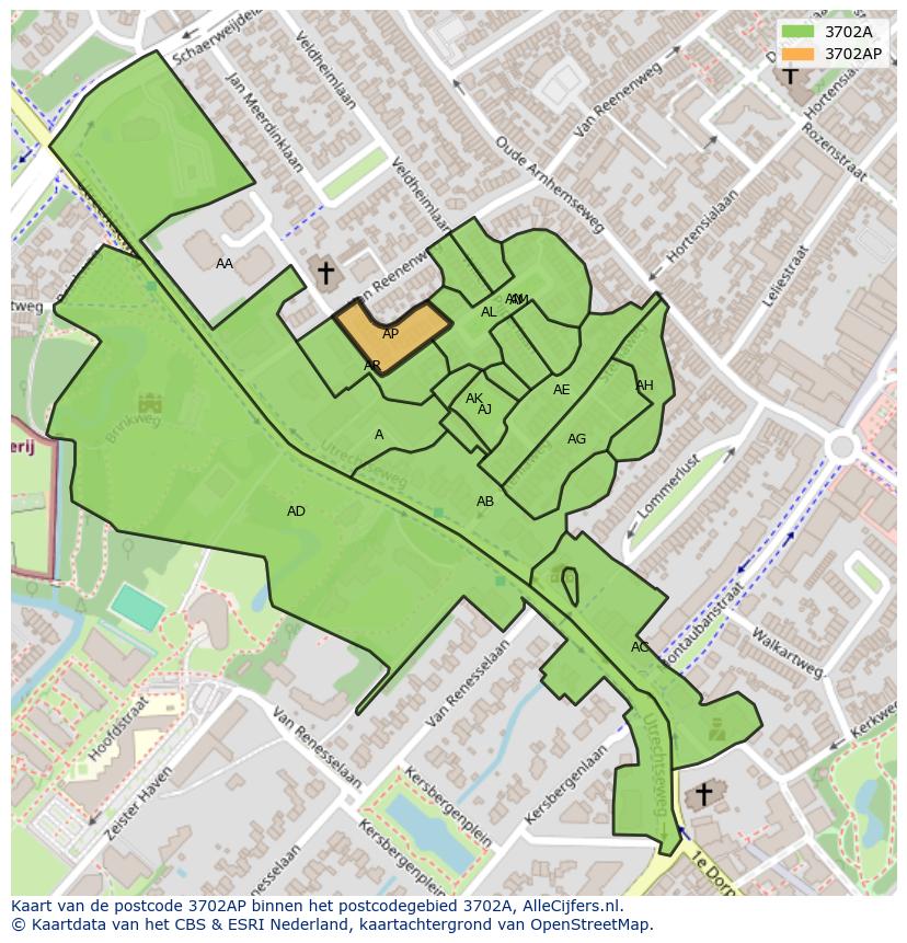 Afbeelding van het postcodegebied 3702 AP op de kaart.
