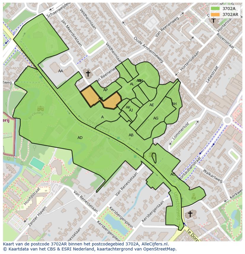 Afbeelding van het postcodegebied 3702 AR op de kaart.