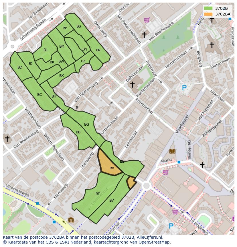 Afbeelding van het postcodegebied 3702 BA op de kaart.