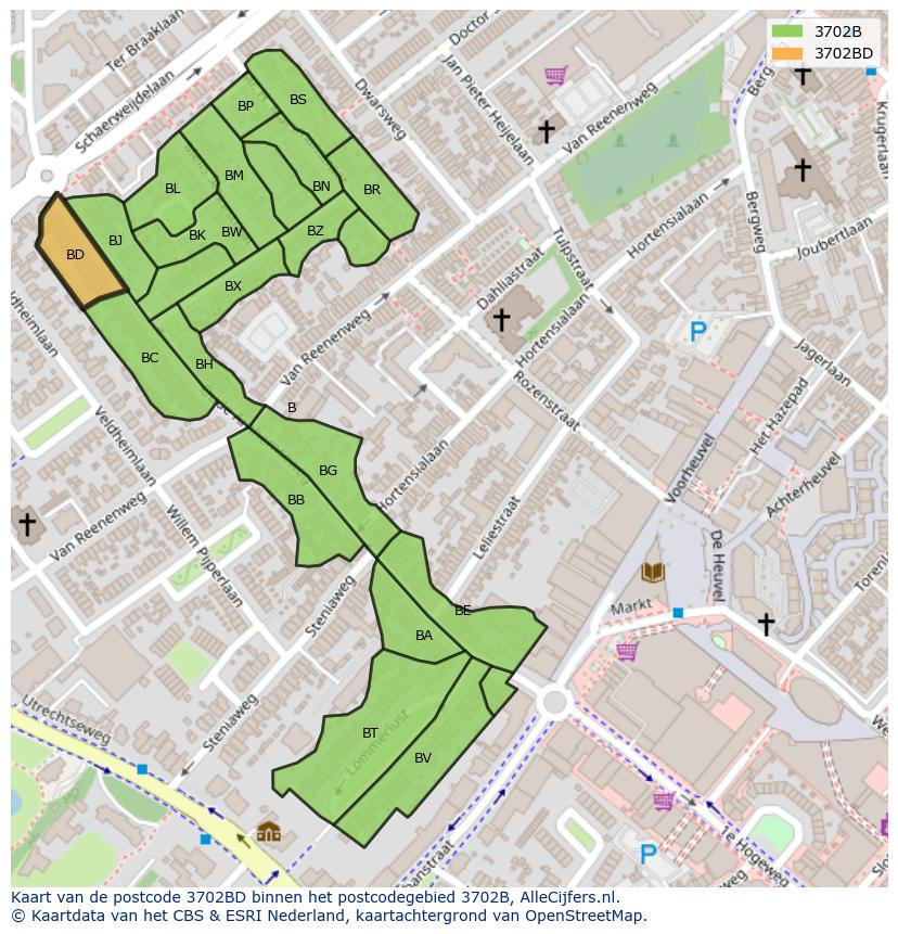 Afbeelding van het postcodegebied 3702 BD op de kaart.
