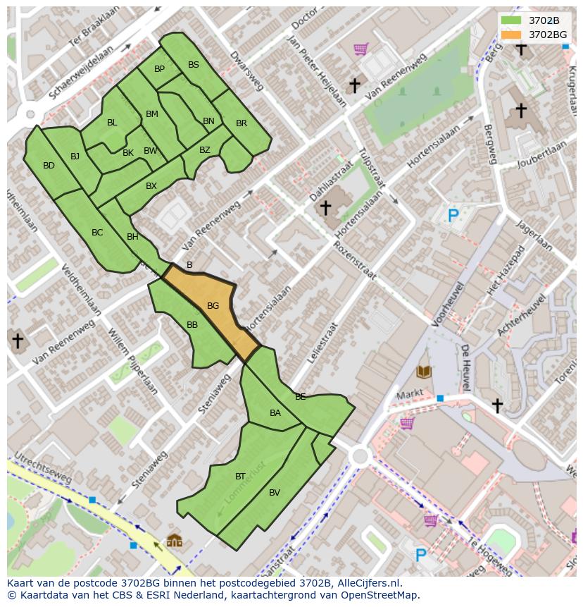 Afbeelding van het postcodegebied 3702 BG op de kaart.