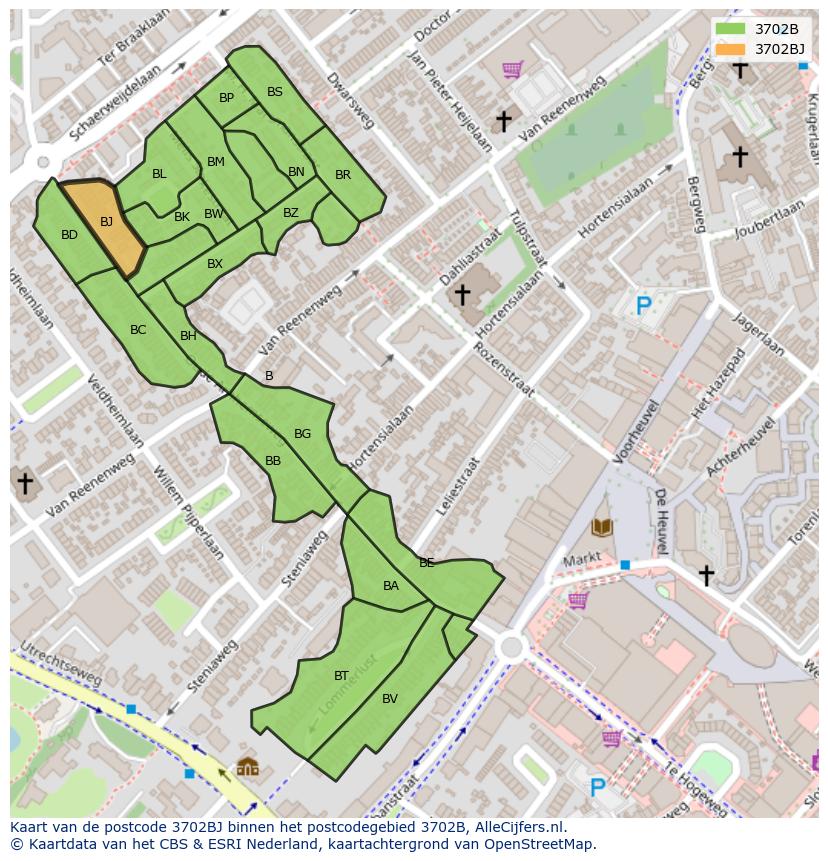 Afbeelding van het postcodegebied 3702 BJ op de kaart.