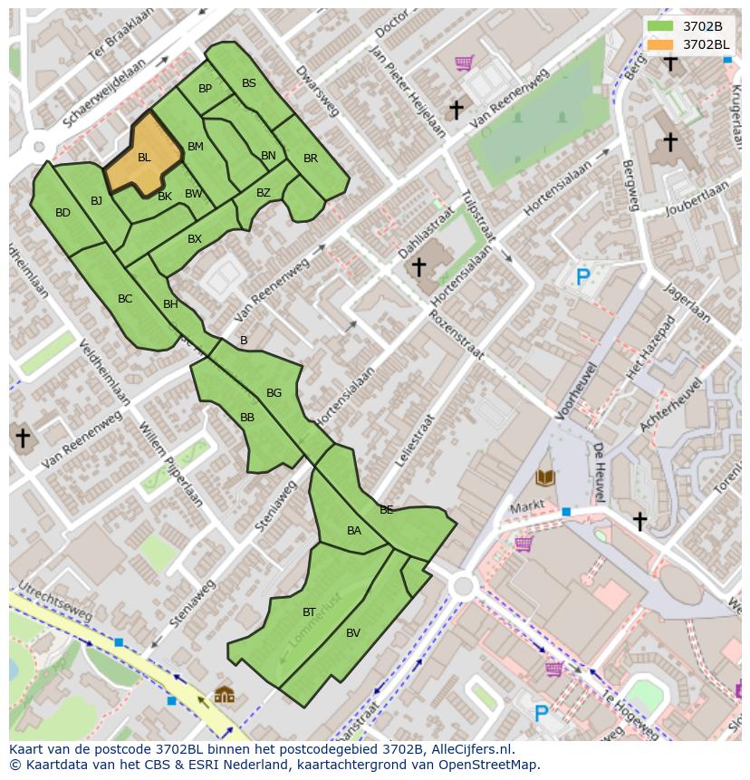 Afbeelding van het postcodegebied 3702 BL op de kaart.