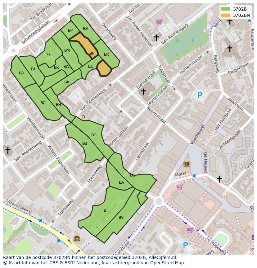 Afbeelding van het postcodegebied 3702 BN op de kaart.