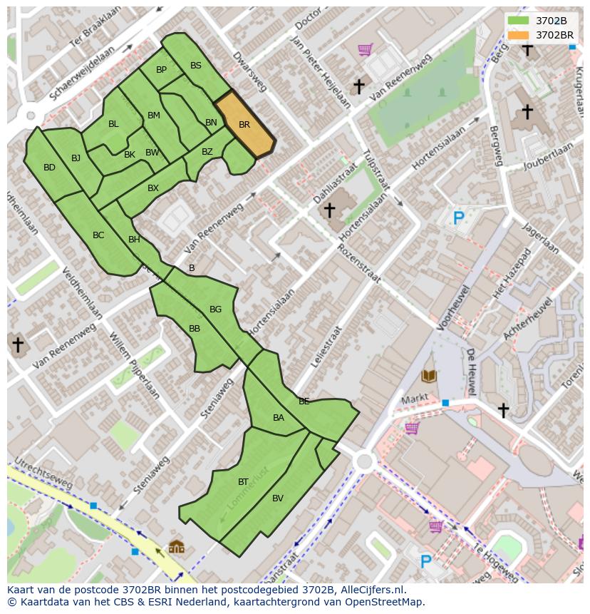 Afbeelding van het postcodegebied 3702 BR op de kaart.