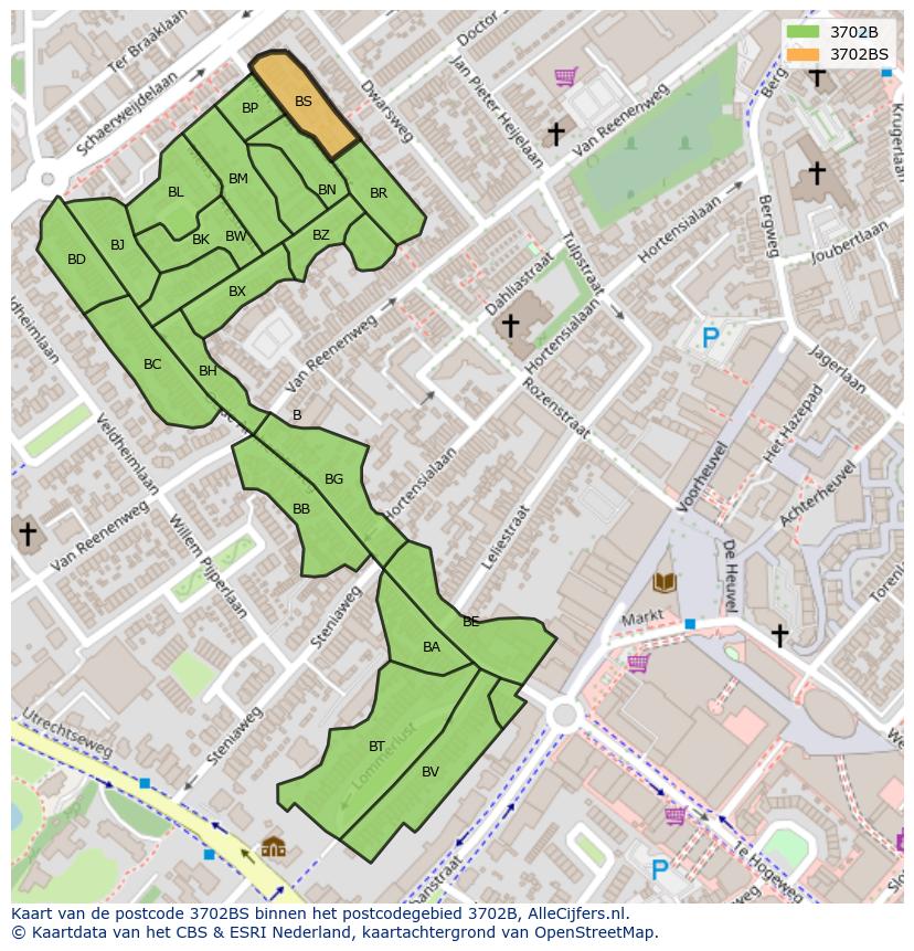 Afbeelding van het postcodegebied 3702 BS op de kaart.