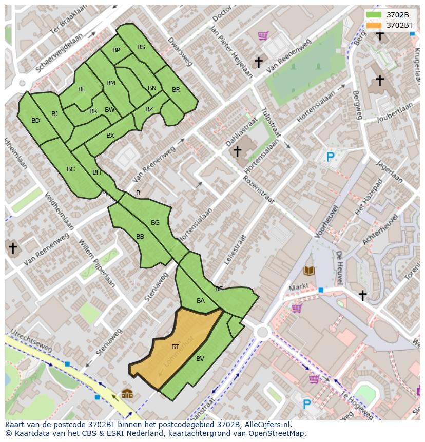 Afbeelding van het postcodegebied 3702 BT op de kaart.