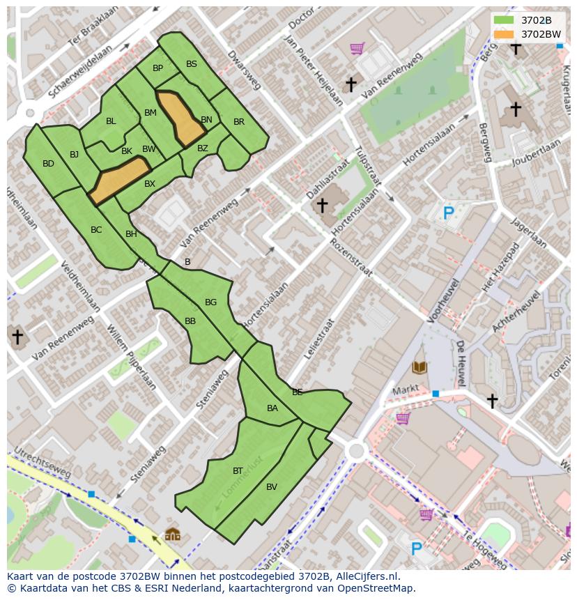 Afbeelding van het postcodegebied 3702 BW op de kaart.