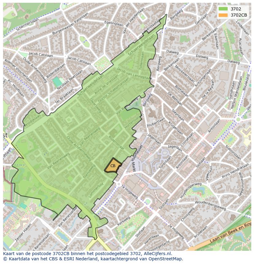 Afbeelding van het postcodegebied 3702 CB op de kaart.
