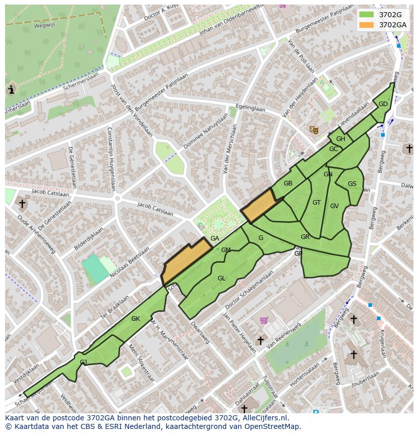 Afbeelding van het postcodegebied 3702 GA op de kaart.
